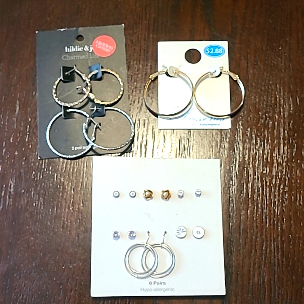 Hoops studs earring bundle all New with Tag gold and silver tone small and large